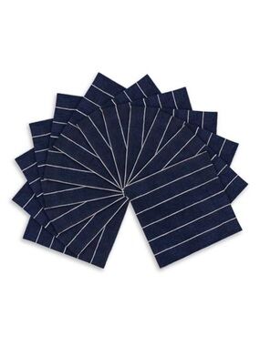 NEW SOLINO Home Pinstripe 100% Pure Linen Cocktail Napkins Set of 12. Navy/White